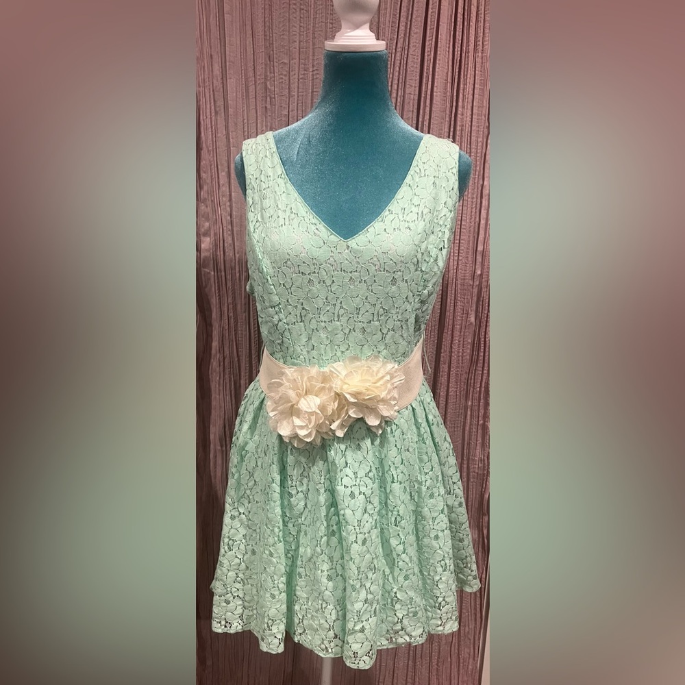 Mint Green Lace Dress with Floral Belt